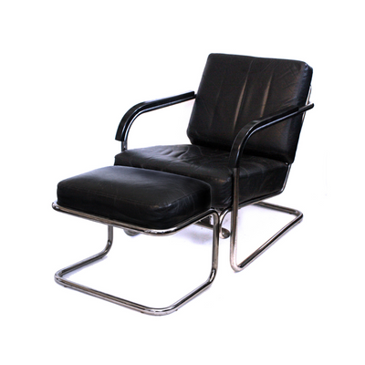 Black Leather Lounge Chair with Ottoman